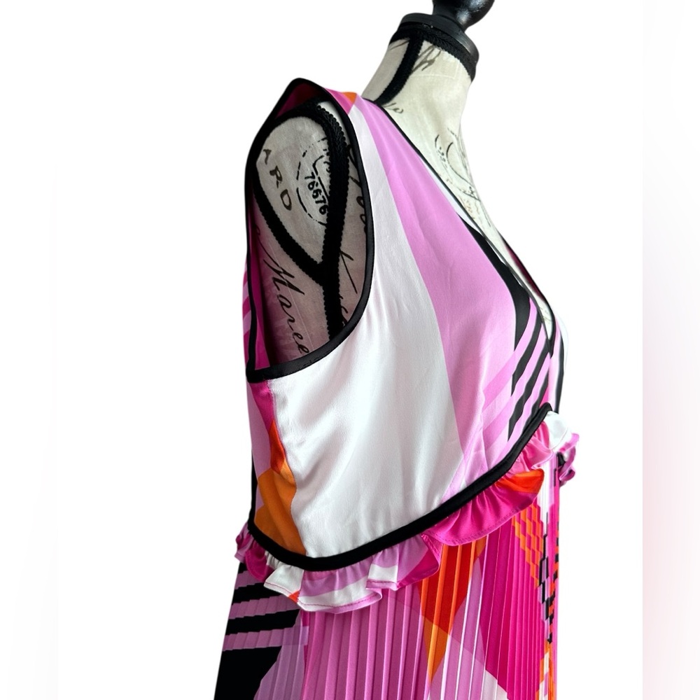 Karl Lagerfeld Paris Pleated Sleeveless Dress Pink Orange Geometric NWT 14 Bold - Picture 16 of 16